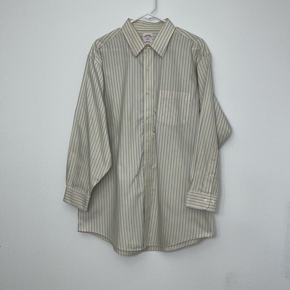 Brooks Brothers Men’s 17- 2/3 346 Non Iron Dress Shirt yellow blue striped - Picture 3 of 12